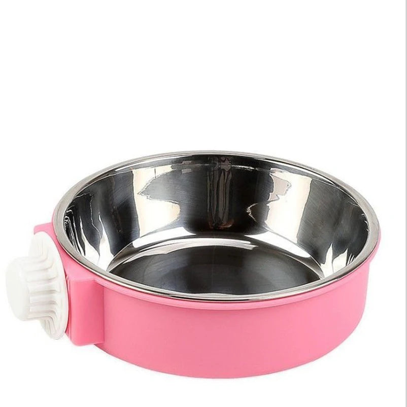 Pink stainless steel hanging dog bowl designed for cages and fences