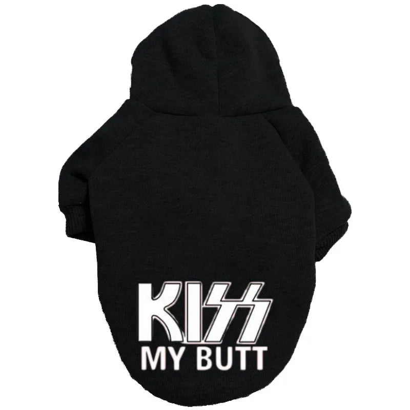 Sweat à capuche en velours noir pour chien avec texte blanc 'KISS MY BUTT'