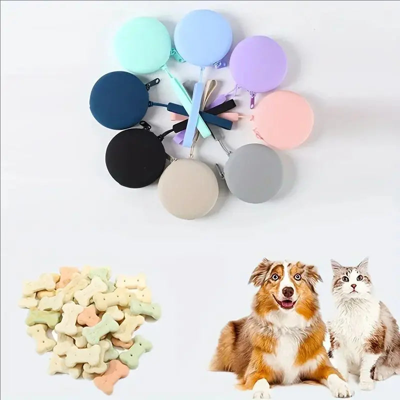 A collection of colorful silicone pet treat pouches in various shades including blue, purple, pink, and gray, next to dog bis