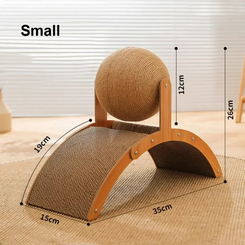 A small, round cat scratching ball with a wooden post and slanted surface for scratching.