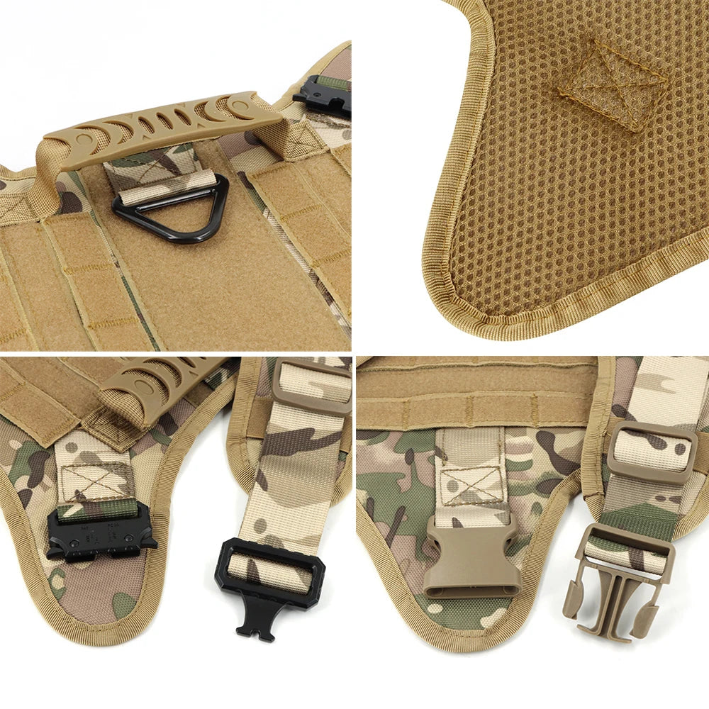 Tactical dog harness featuring a MOLLE system and various leash attachments in tan and camouflage patterns.
