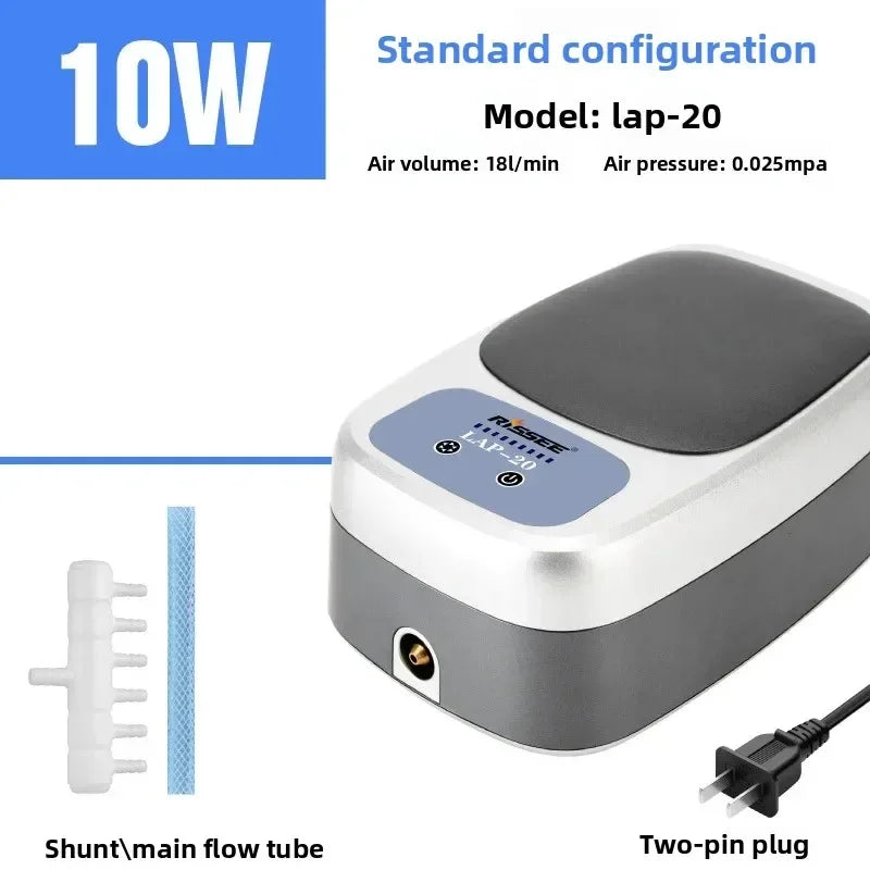 A silver and gray air pump unit labeled 10W, showing a shunt/main flow tube and a two-pin plug.