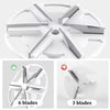 A white portable electric lint and fabric shaver with six blades and three blades shown in different angles.