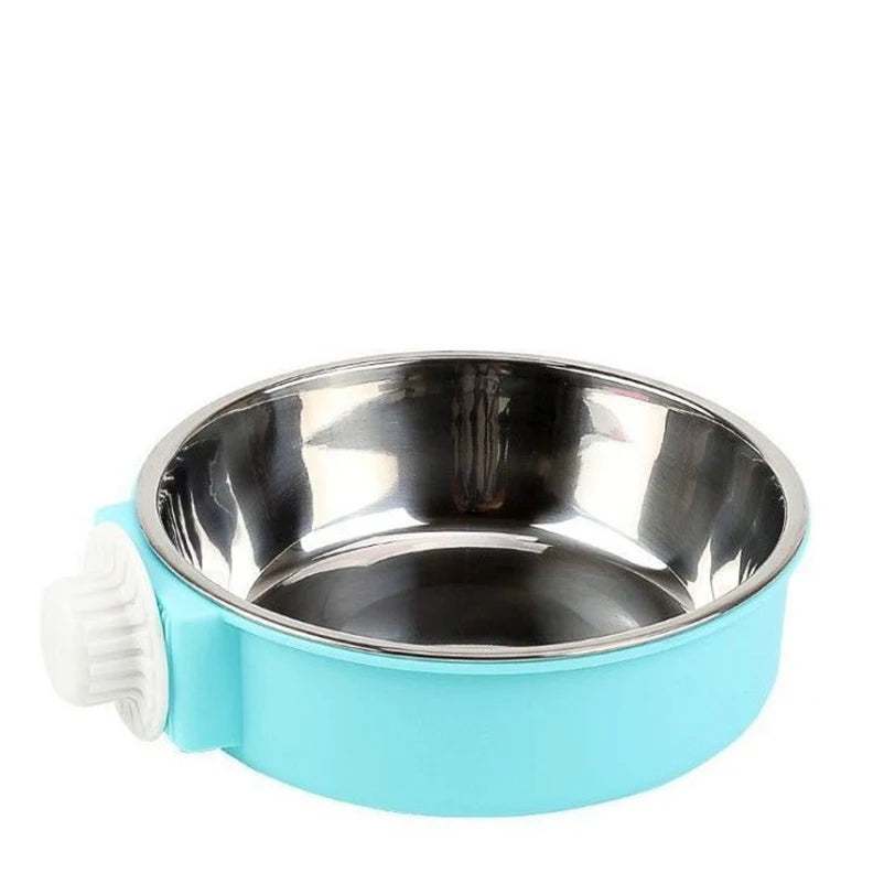 A stainless steel hanging dog bowl with a light blue base.