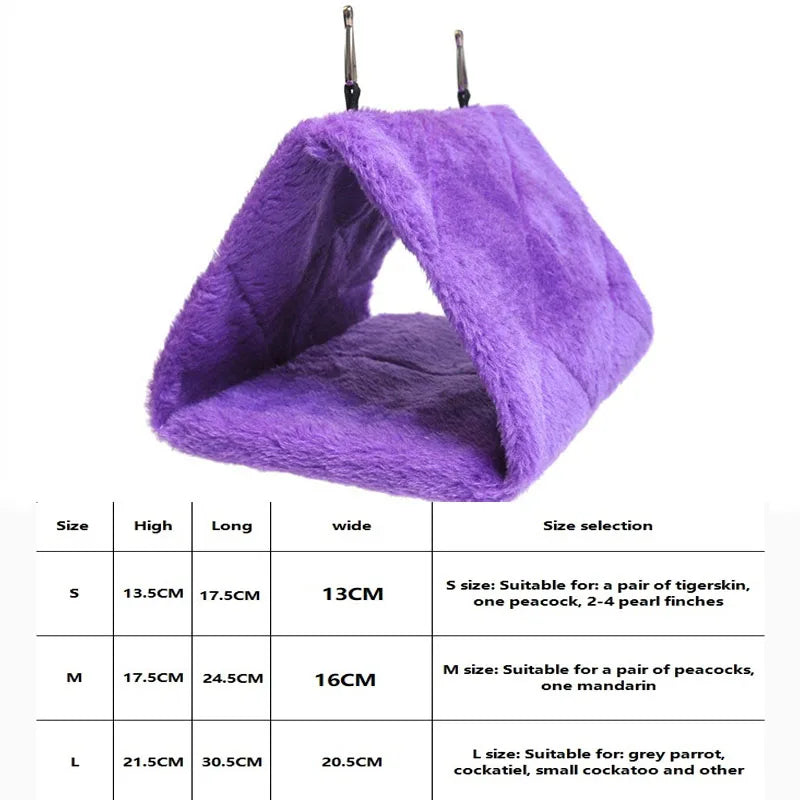 A purple plush hanging bird hammock bed with a wide entrance and hanging rods.