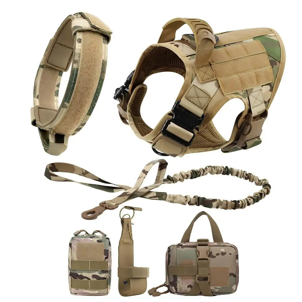 A tactical dog harness with a camouflage pattern and molli system is shown alongside leash attachments.
