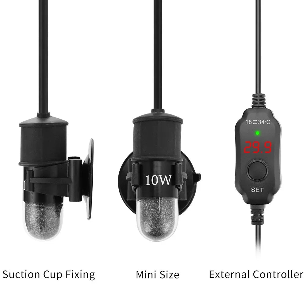 A black submersible aquarium heater with a cord and external controller components shown.