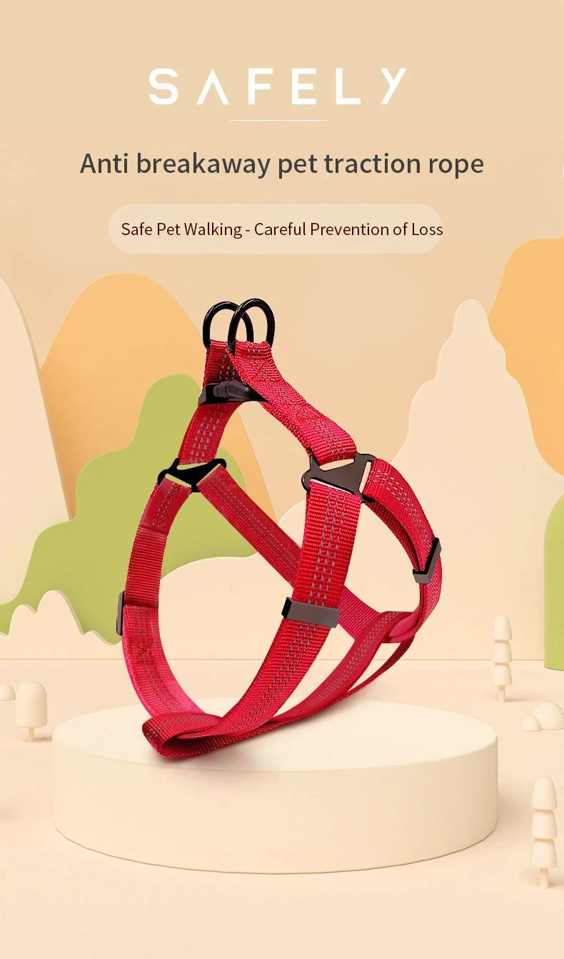A red pet traction rope harness is displayed on a white stand against a soft background.