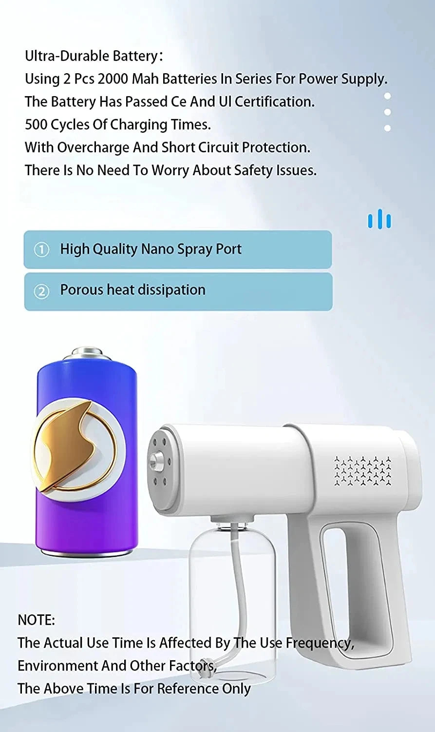 A white portable nano steam sprayer device is shown next to a purple battery and a glass container.