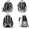 A transparent pet carrier backpack with a black and silver design shown from multiple angles.