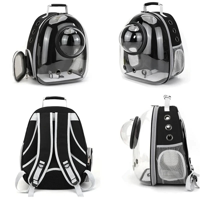 A transparent pet carrier backpack with a black and silver design shown from multiple angles.