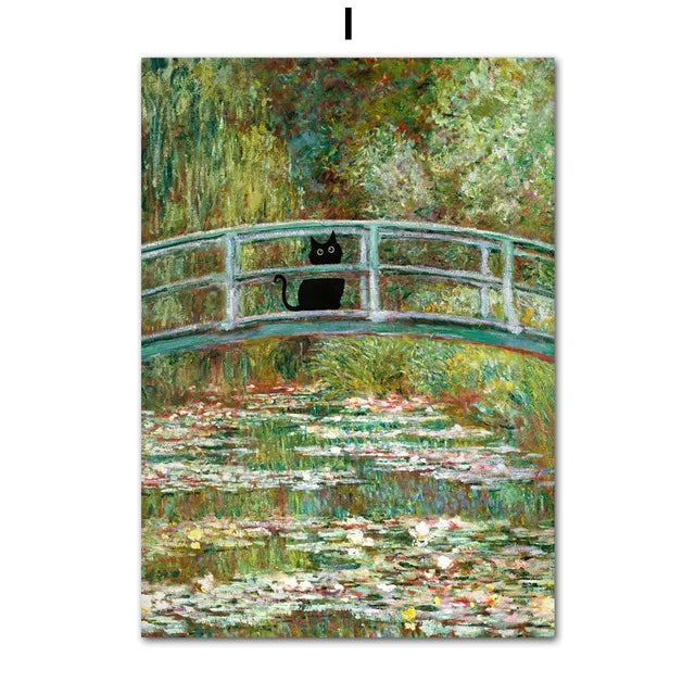 A painting depicting a black cat sitting on a wooden bridge over water with lush green and pink foliage.