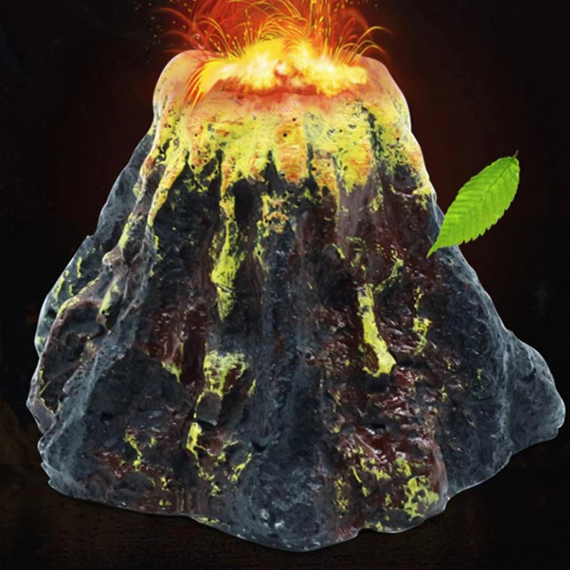 A dark, rocky structure resembling a volcano with bright orange flames erupting from the top.