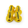 A set of four yellow breathable summer dog shoes with black straps and mesh material.