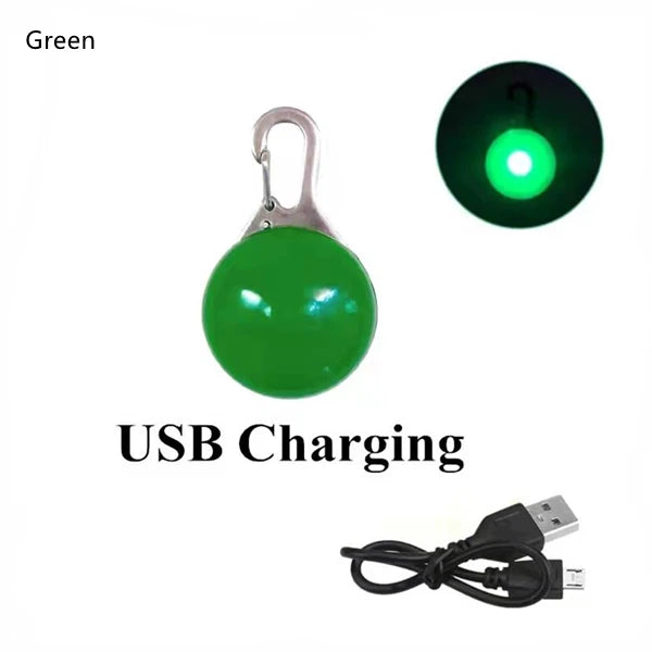 Green rechargeable LED dog collar light with a USB charging cable