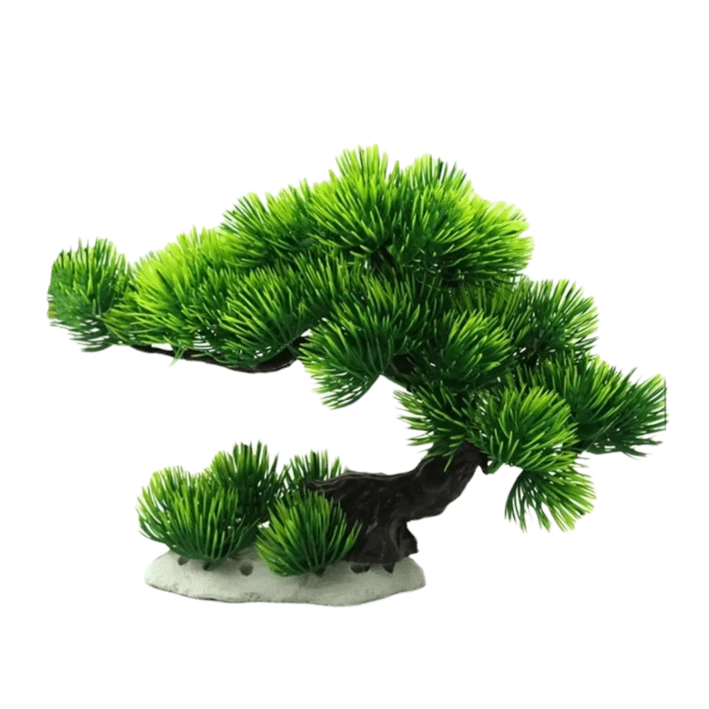 Lifelike artificial aquarium plant shaped like a vibrant green pine tree