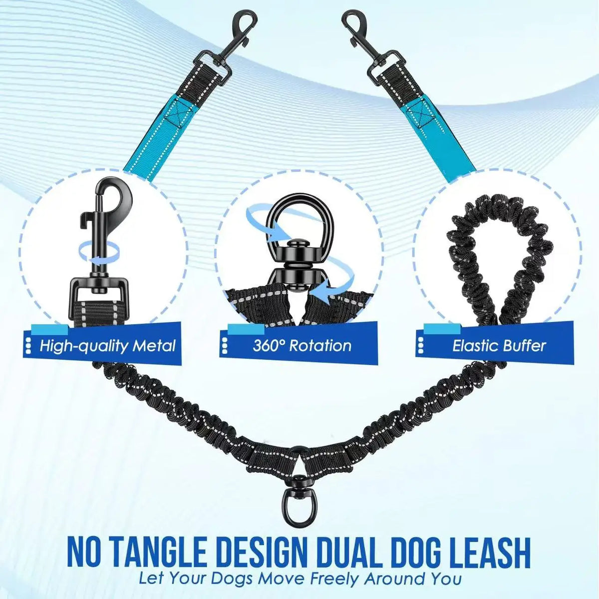 A black dual dog leash featuring a no-tangle design and two reflective handles for easy control.
