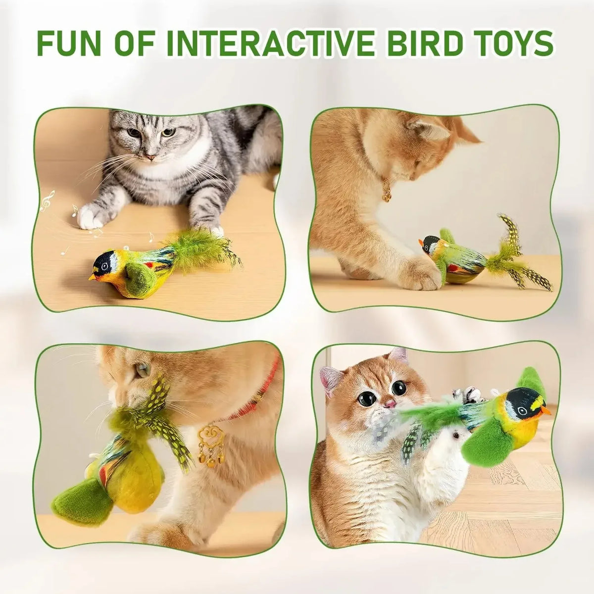 A cat toy featuring an elastic rope and bird sound, shown interacting with a cat.