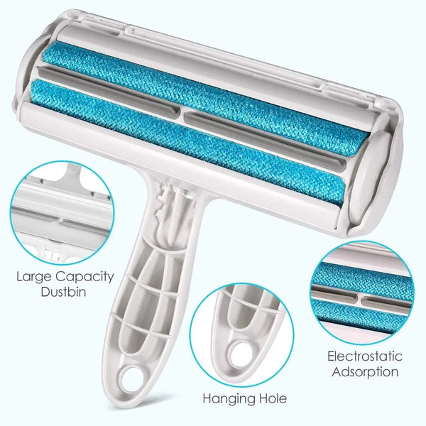 A white self-cleaning pet hair and lint remover roller with blue bristles, showing various features like a large capacity des