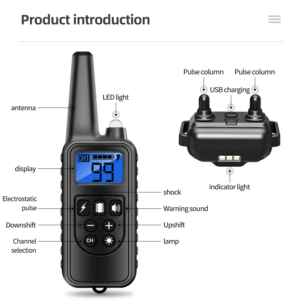 A black remote dog training collar with an antenna, display, and various buttons is shown next to its USB charging column.