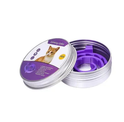 A silver pet pheromone calming collar for dogs is shown in its packaging.