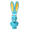 A light blue rubber squeaky rabbit chew toy for dogs with large yellow ears.