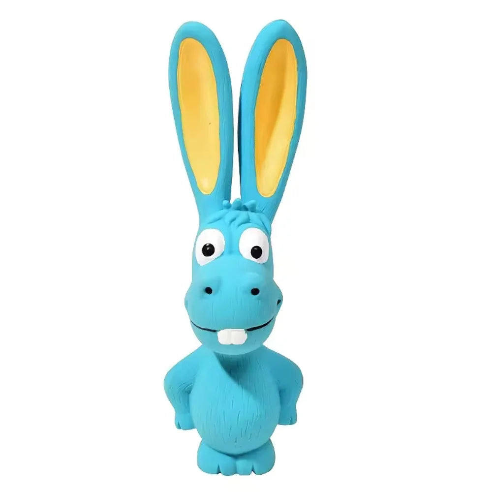 A light blue rubber squeaky rabbit chew toy for dogs with large yellow ears.