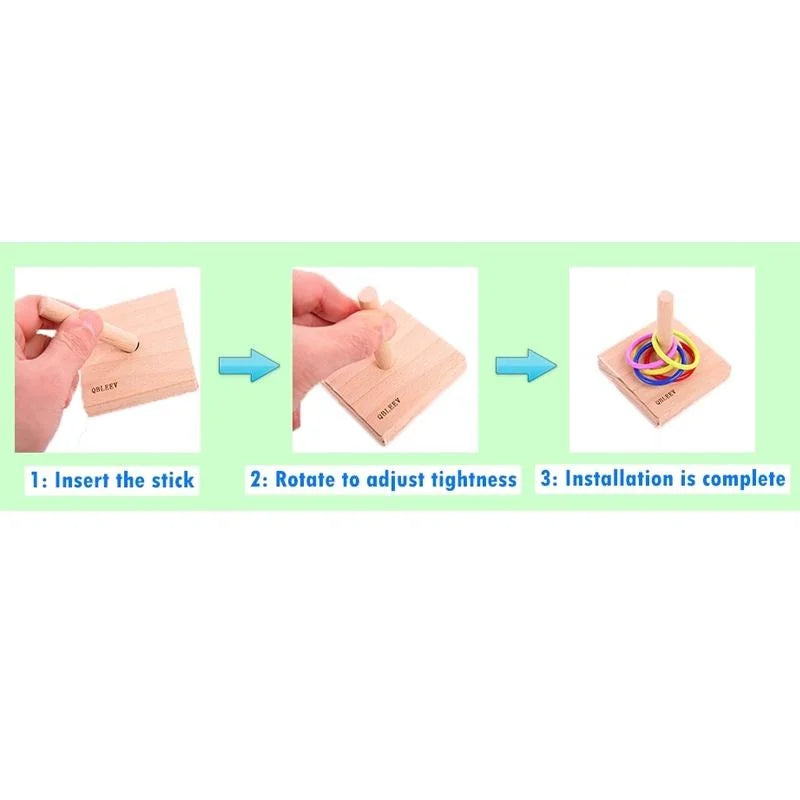 Instructions for inserting, rotating, and installing a wooden and plastic ring bird toy.
