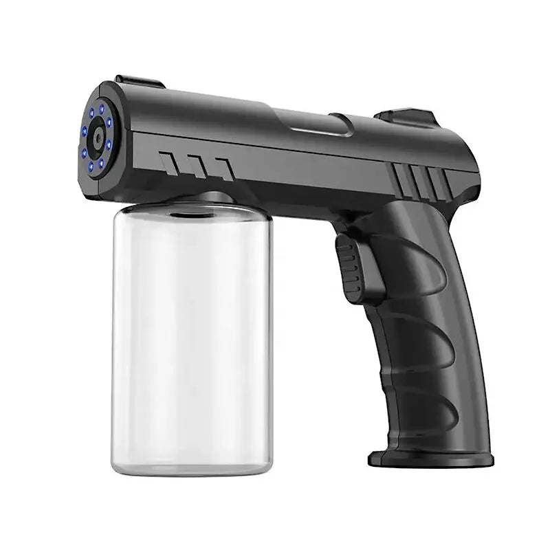 A black portable sprayer bottle with a clear container and blue light features is shown.