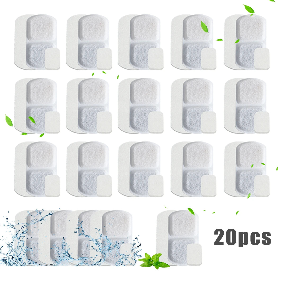 A multi-pack of replacement filters for pet water fountains, shown in various white and gray translucent forms.