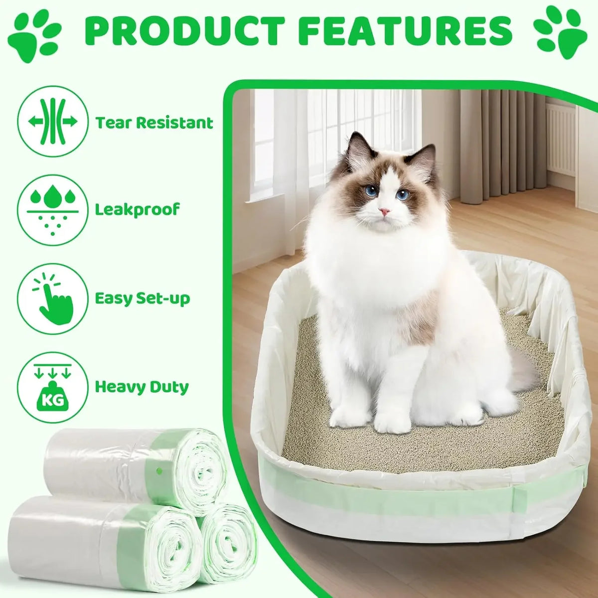White cat litter box liner with drawstring closure and a fluffy cat sitting inside