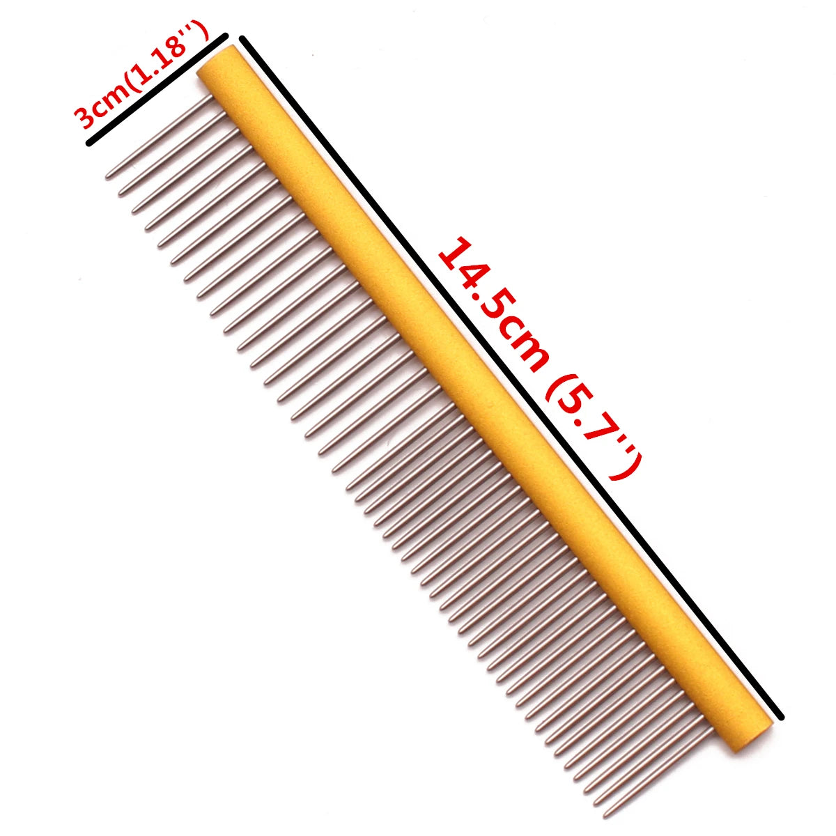 A yellow aluminum pet grooming comb with 14.5 cm length and 3 cm width shown diagonally.