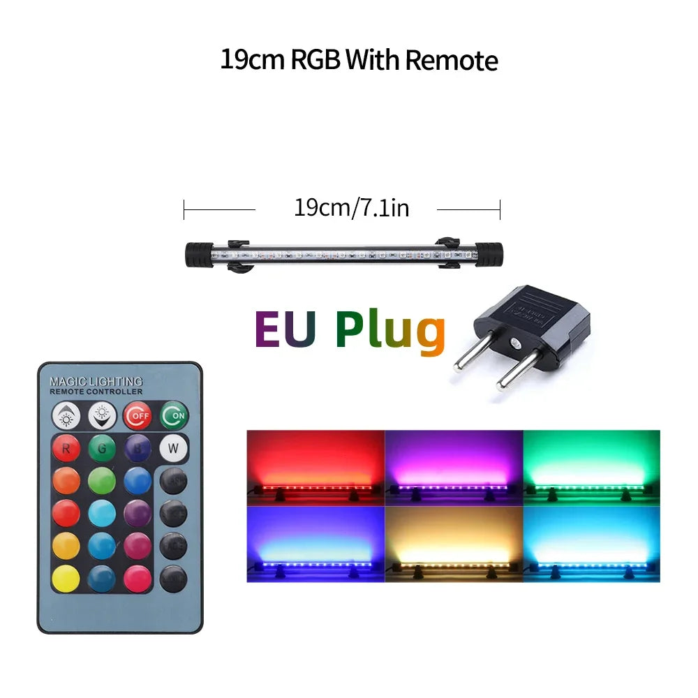 19cm RGB light with remote control and EU plug, showing various colored light outputs.
