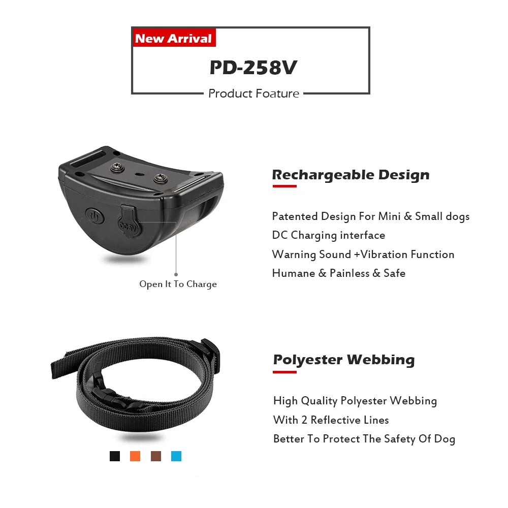 Black rechargeable dog collar featuring polyester webbing and a warning sound with vibration function.
