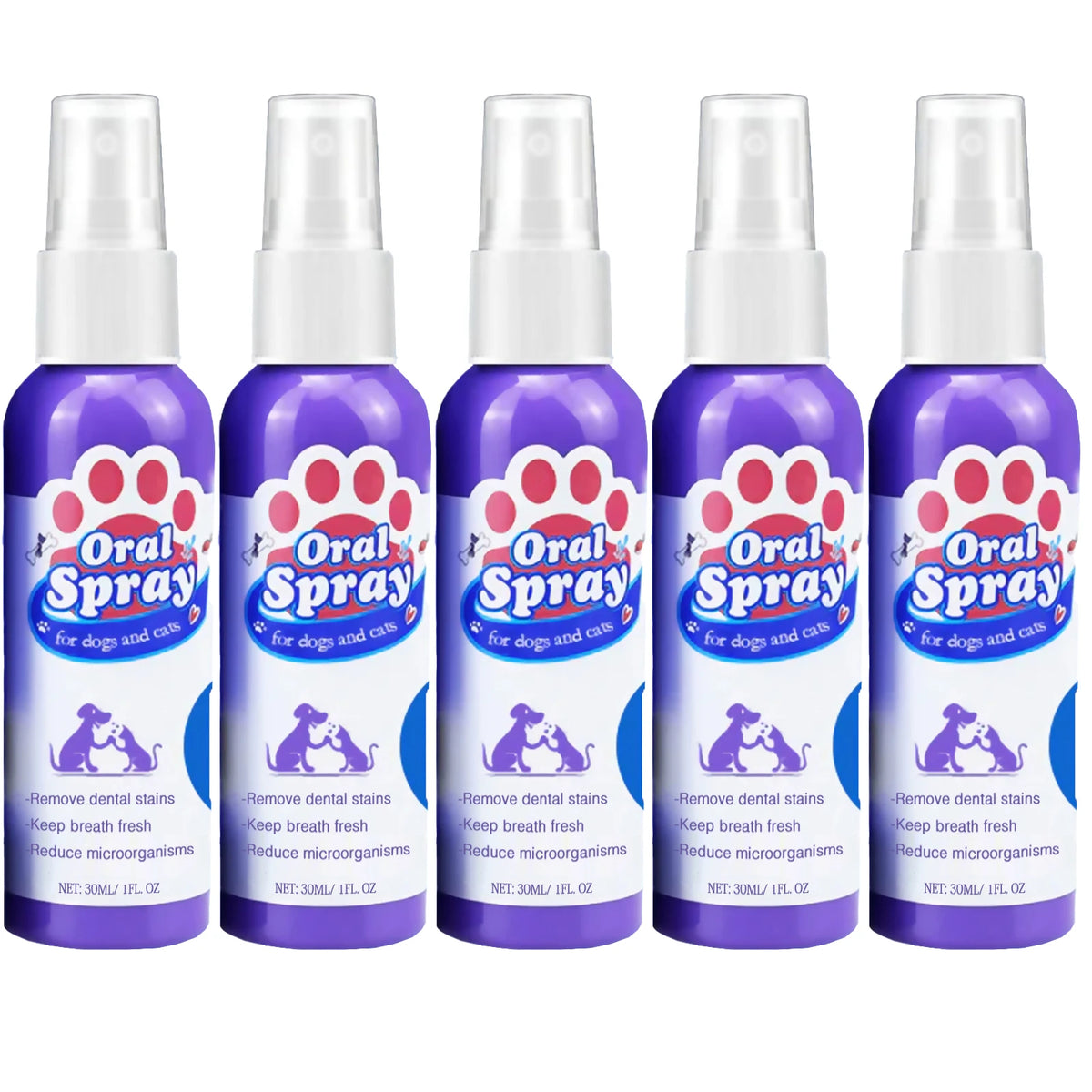 Un ensemble de flacons de spray oral pour chiens et chats violets avec des bouchons blancs.