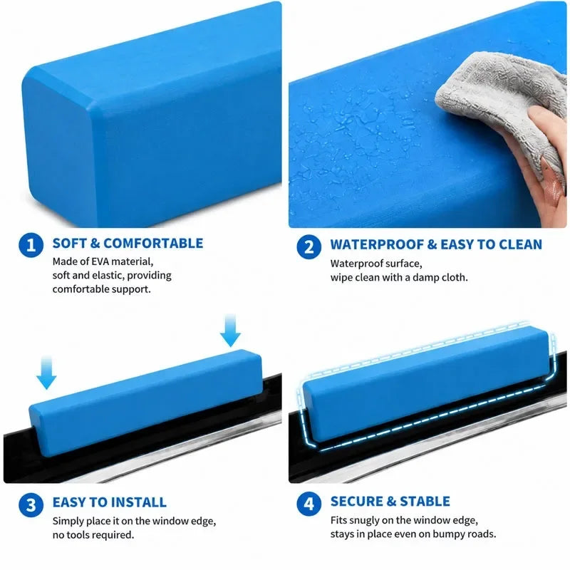 A blue soft EVA foam cushion designed as a chin rest for dog car windows, showing its texture and installation.