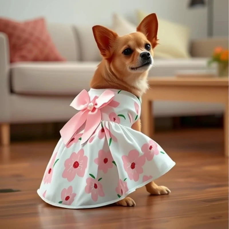 A small, orange-brown dog wearing a pink floral dress with a large bow sitting on a wooden floor.