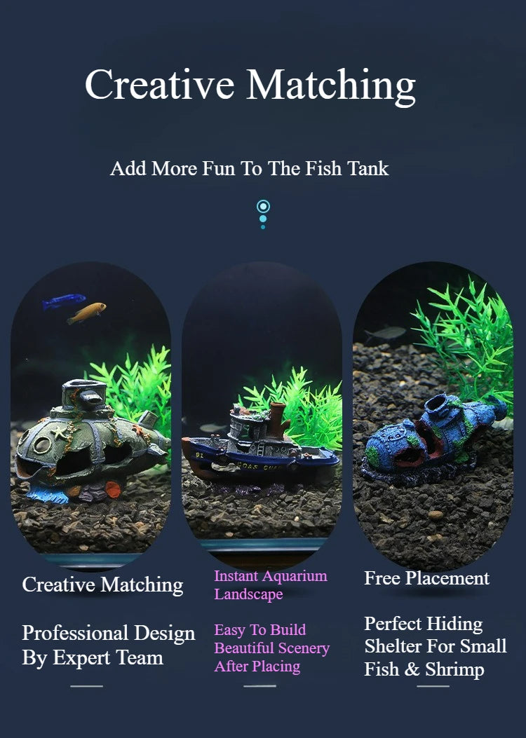 Creative Matching set of sunken ship aquarium ornament with cave hideout for fish tanks
