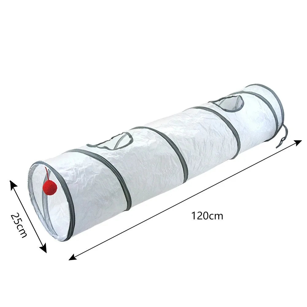 A white collapsible indoor play tunnel for cats, shown in a side view.