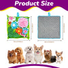 A product size comparison showing a pet sniffing training blanket next to various dog breeds.