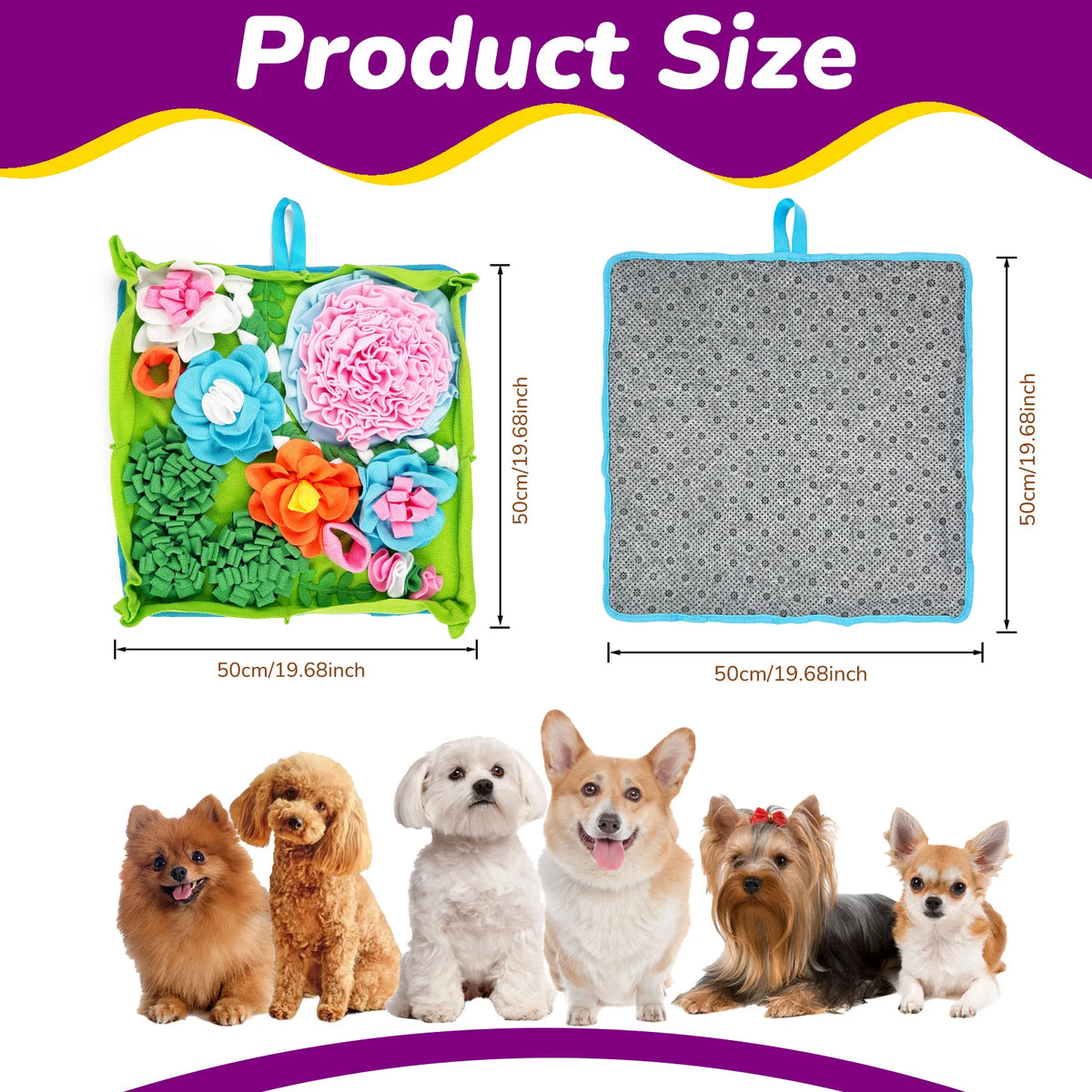 A product size comparison showing a pet sniffing training blanket next to various dog breeds.