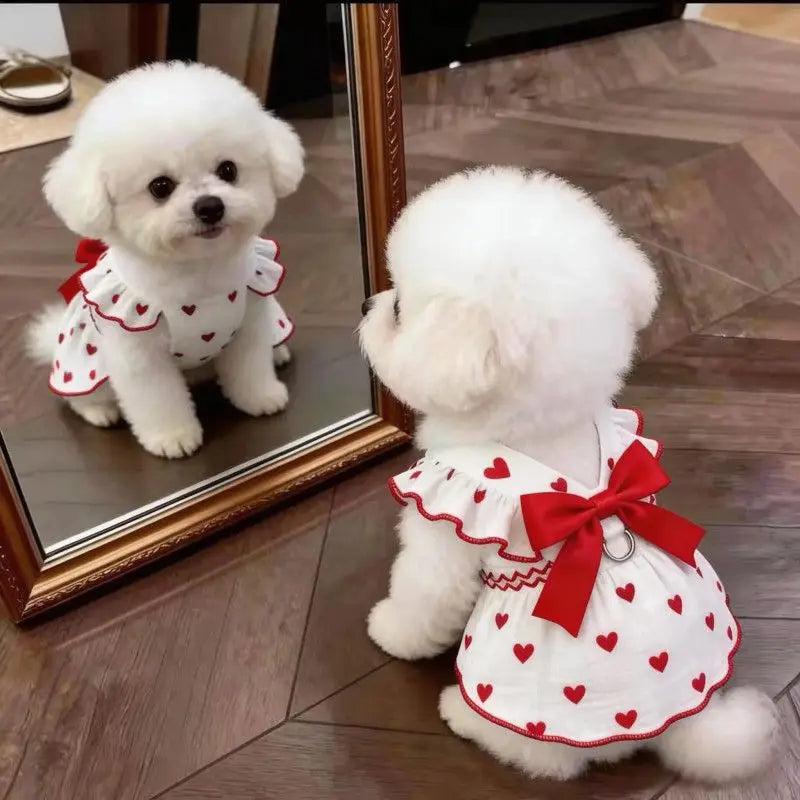 Summer Bow Heart Print Pet Dress for Small Dogs and Cats
