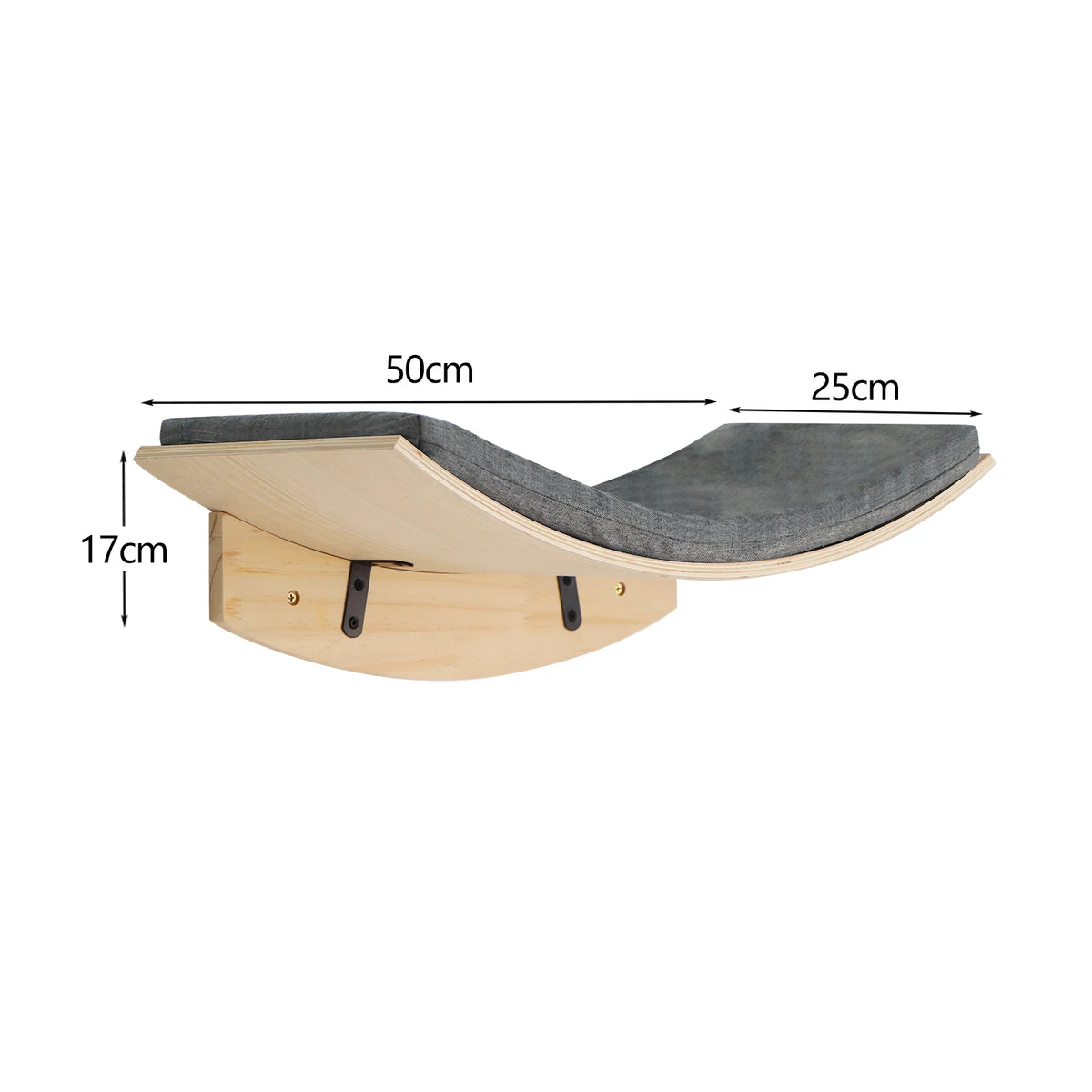 A wooden wall-mounted cat climbing tower with a gray fabric sleeping area.