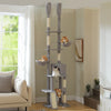 A tall, gray and beige cat tree tower with multiple platforms, hammocks, and scratching posts in a light room.