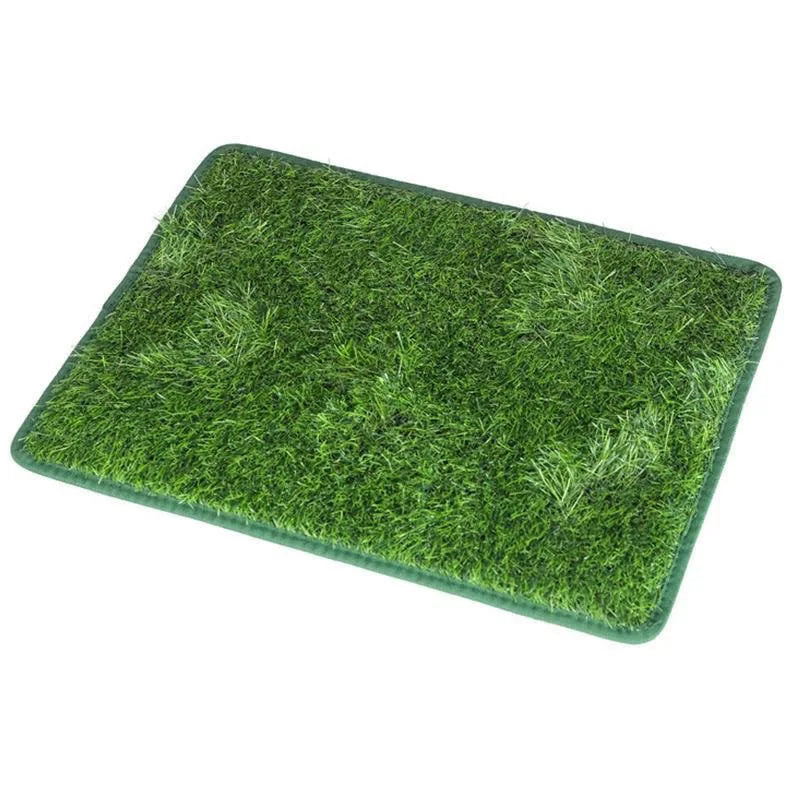 A rectangular mat of green artificial dog grass used for potty training.