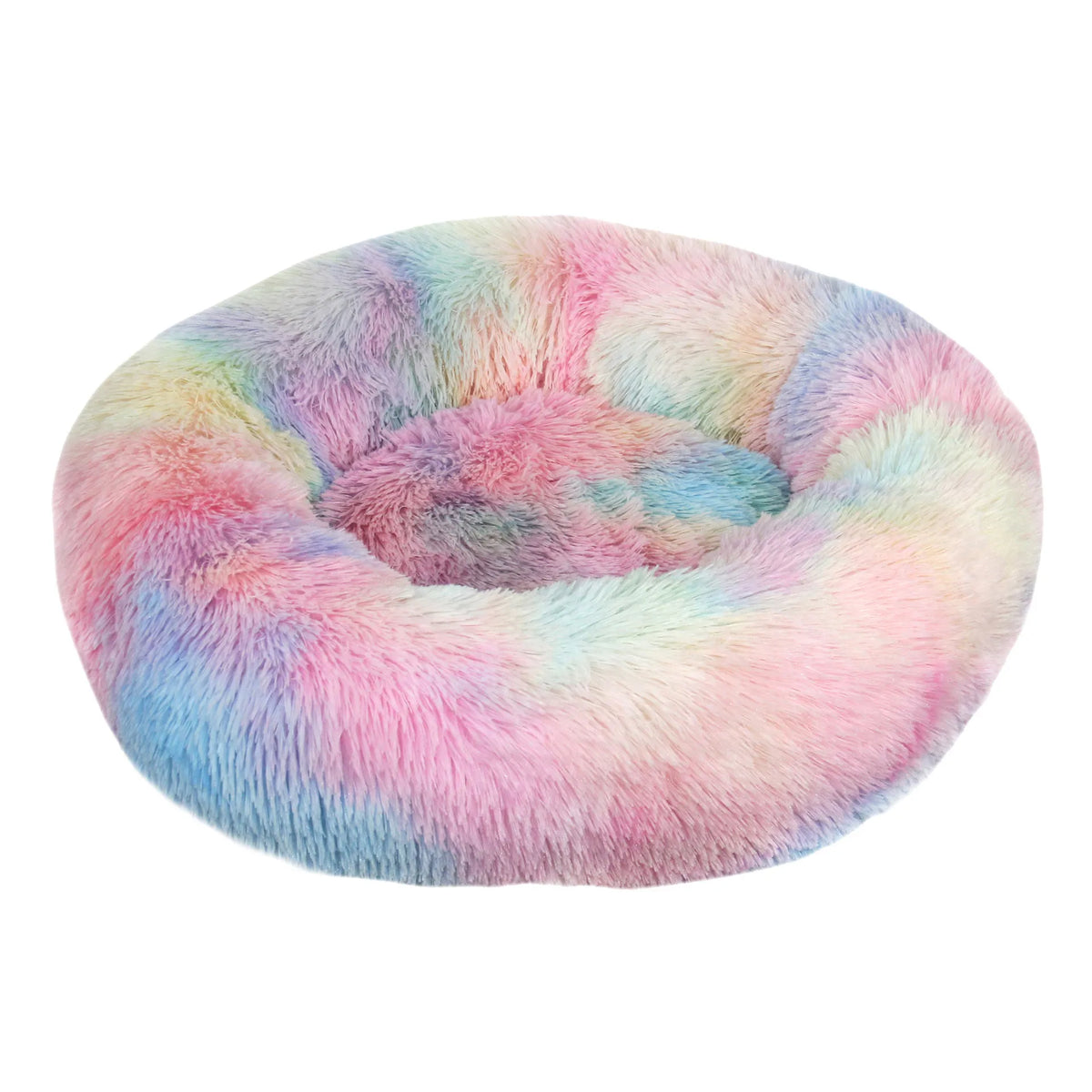 A plush round pet bed with an anti-slip base featuring soft pastel pink, blue, and purple fur.