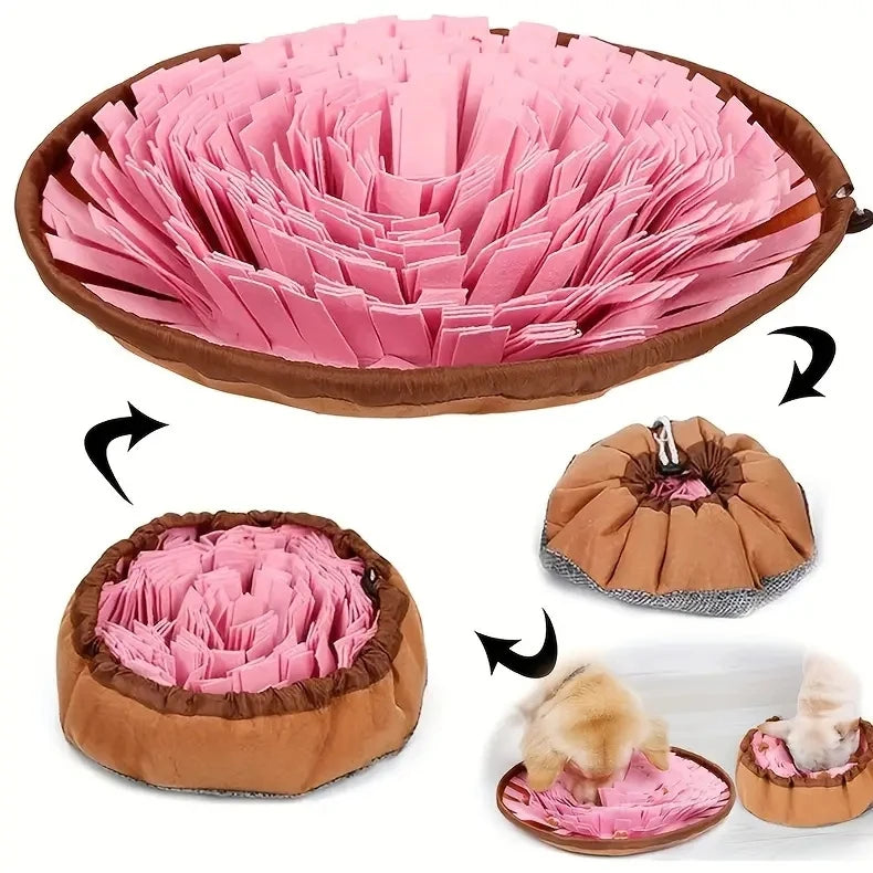 A pink foldable felt sniffing mat for dogs shown in various folded and unfolded states.