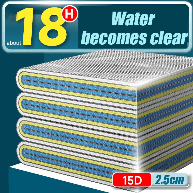 A stack of aquarium sponge filter media, showing a clear layer and dimensions of 2.5cm.