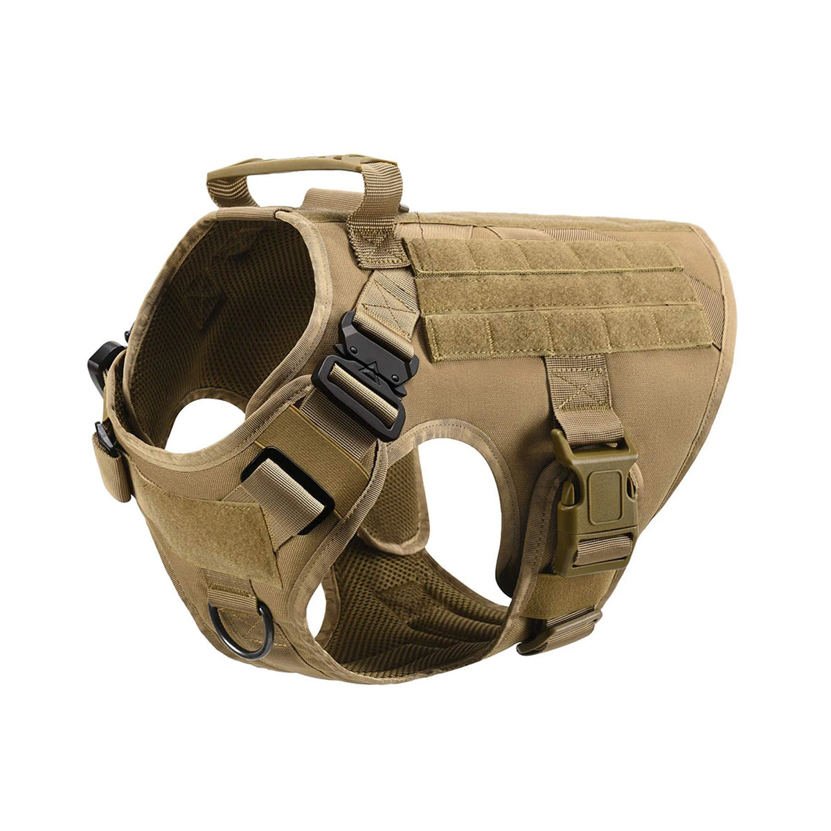 Tan tactical dog harness set with MOLLE pouches, collar, and leash for large breeds