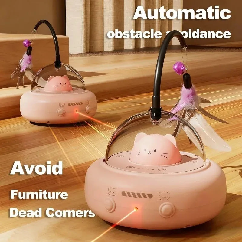 A pink electronic device shaped like a cat with a handle and feathers used to avoid furniture obstacles.